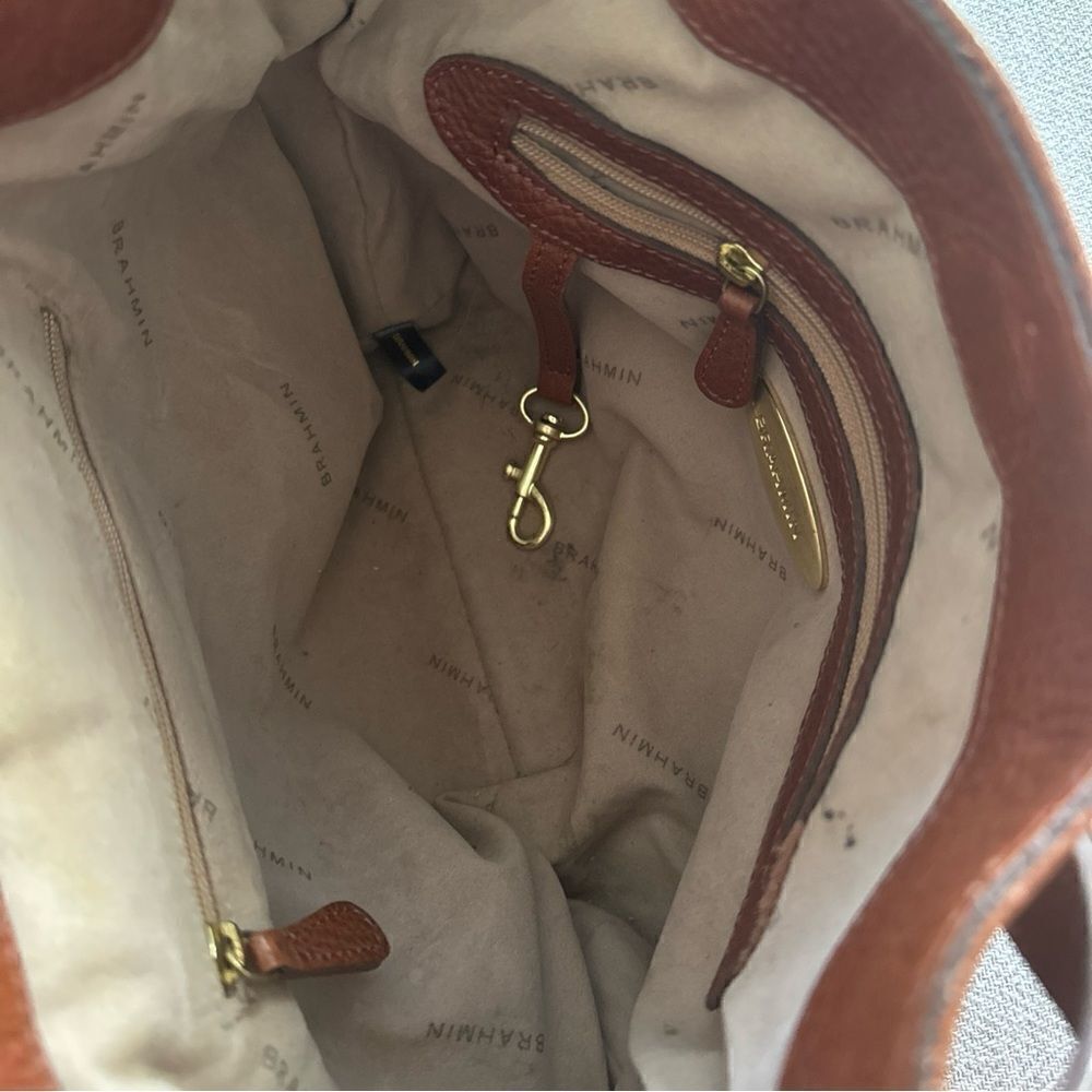 BRAHMIN Brown Pebble Leather Tote Purse Gold Chain Trim Chunky Hardware - Picture 4 of 10
